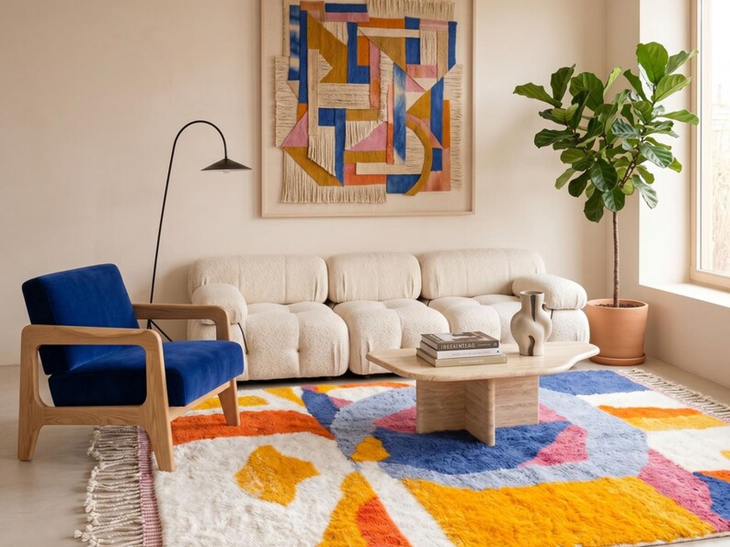Tapis multicolore dans un salon clair avec fauteuil bleu