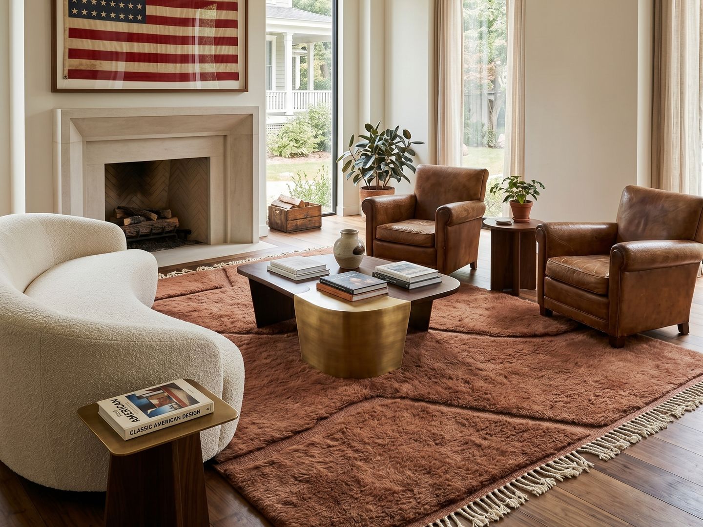 Tapis terracotta à motif en relief dans un salon clair avec cheminée
